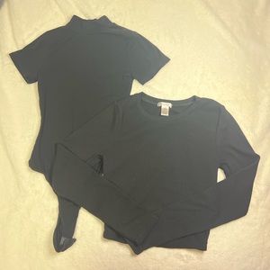Black Basic Cropped Long Sleeve Top and Short Sleeve Mock Neck Bodysuit Set